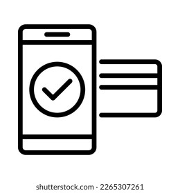 Symbol für digitale Zahlung Markieren Sie auf dem mobilen Bildschirm mit Debitkarte. Rahmenstil. Vektorgrafik. Einzeln auf weißem Hintergrund.