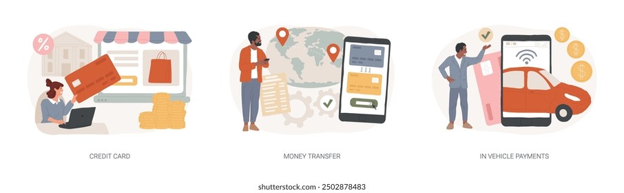 Digital payment isolated concept vector illustration set. Credit card, money transfer, in vehicle payments, online cashback service, bank transaction, drive-through purchase vector concept.