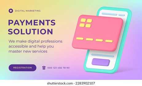 Digital payment marketing solution banking smartphone app social media banner 3d icon vector illustration. Wireless internet pay contactless e money transfer electronic cashless mobile technology