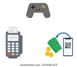 Métodos de pagamento digital e jogos: vetor de um controlador de jogo, terminal de pagamento, dinheiro e moedas, e pagamento móvel com código QR para transações financeiras modernas e jogos