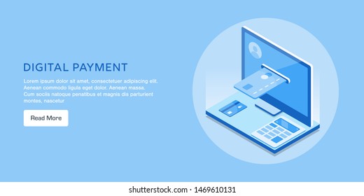 Digital Payment, Online Shopping, Payment Gateway, Conceptual Flat Design Isometric Vector Banner Isolated On Blue Background