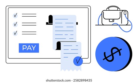 Digital payment screen with PAY button, invoice receipt with check mark, briefcase, and dollar symbol. Ideal for finance, business transactions, online purchases, ecommerce, mobile banking