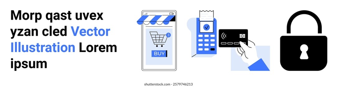 Digital payment and security elements including a phone screen displaying a shopping cart, a payment terminal, a hand with a card, and a padlock. Ideal for e-commerce, digital security, online