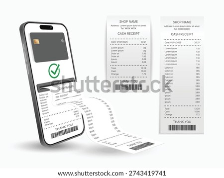 Digital Payment Smartphone with Printed Cash Receipt and Shadow. Mobile App Contactless Payment POS Transaction Invoice Template Vector Illustration
