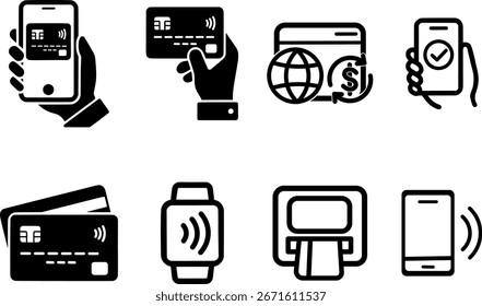 Digital Payment Stroke Icon Collection — Featuring Mobile Pay, NFC, Smartwatch, E-commerce, and Card Transaction Icons.
