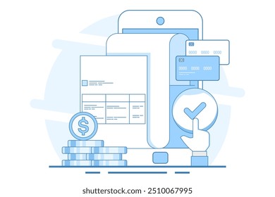 Concepto de sistema de pago digital, pago en línea, Factura en línea, pago en línea a través de teléfono inteligente, aplicación para transferencia de dinero y pago. Vector.