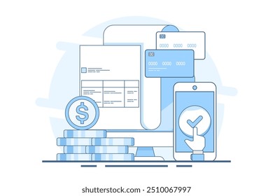 Conceito de sistema de pagamento digital, Pagamento on-line, fatura on-line, Pagamento on-line via smartphone, aplicação para transferência de dinheiro e pagamento. Vetor.