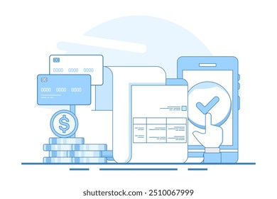 Concepto de sistema de pago digital, pago en línea, Factura en línea, pago en línea a través de teléfono inteligente, aplicación para transferencia de dinero y pago. Vector.