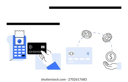 Transação de cartão de processamento de terminal de pagamento digital. Cartão sem contato e transferência de dinheiro em mãos. Ideal para aplicativos financeiros, serviços bancários on-line, comércio eletrônico, fintech, pagamentos móveis, sociedade sem dinheiro