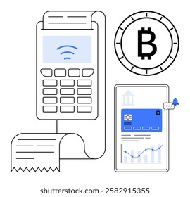 Digital payment terminal with receipt, smartphone displaying financial app, and Bitcoin symbol representing crypto transactions. Ideal for fintech, cryptocurrency, online shopping, e-commerce