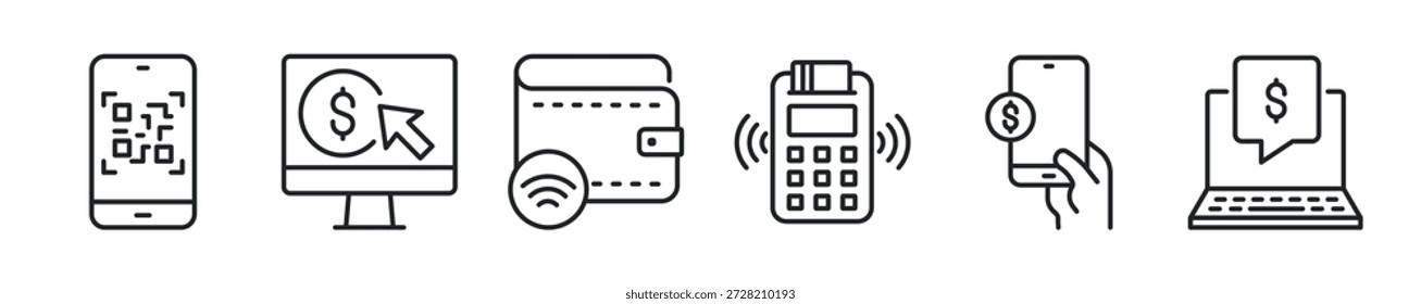 Conjunto de iconos de línea delgada de pago digital. Iconos mínimos de Web