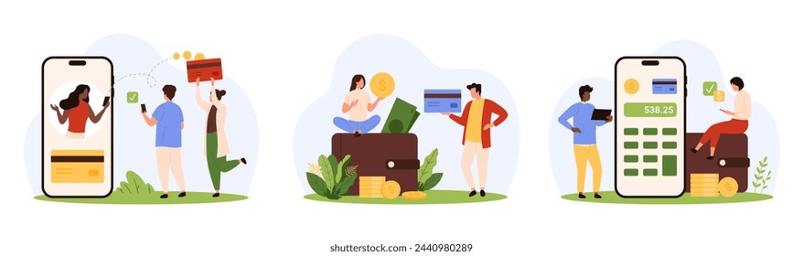 Digital payment and transaction in bank account set. Tiny people transfer money, exchange and pay with credit card and mobile wallet in phone, receive and send remittance cartoon vector illustration