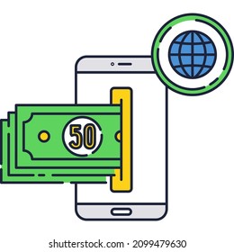 Digital payment via mobile phone app icon vector. E-money worldwide online transfer, electronic wallet on smartphone
