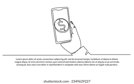 Digitale Bezahlung und Brieftasche ein durchgängiges Line-Design. Hand öffnet finanzielle App. Dekorative Elemente auf weißem Hintergrund.