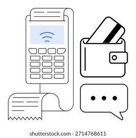 Pagamentos digitais, comércio eletrônico, transações sem contato, tecnologia financeira, compras on-line, economia sem dinheiro. Leitor de cartão, recibo de carteira de cartão de crédito e ícones de balão de fala. Pagamentos digitais