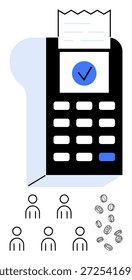 Digitale Zahlungen, E-Commerce, Finanzdienstleistungen, kontaktlose Transaktionen, Geldmanagement, Fintech. Zahlungsterminal mit Quittung, Benutzersymbolen und Münzen. Digitales Zahlungsverkehrs- und E-Commerce-Konzept
