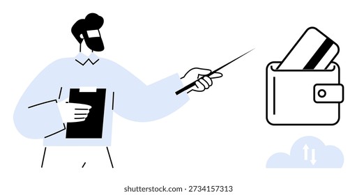 Digital payments, e-commerce, financial transactions, online banking, fintech education, budgeting tools. Man pointing at a wallet with a credit card. Digital payments and e-commerce concept