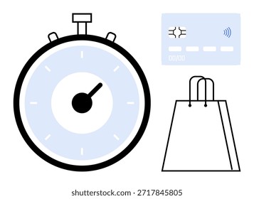 Pagamentos digitais, comércio eletrônico, gerenciamento de tempo, finalização rápida, conveniência do cliente, compras on-line. Cronômetro, imagens de saco de compras de cartão de crédito. Conceito de pagamentos digitais e comércio eletrônico