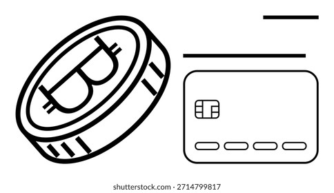 Pagamentos digitais, fintech, blockchain, criptomoeda, transações on-line, finanças Bitcoin. Uma Bitcoin e um cartão de crédito em arte de linha minimalista. Pagamentos digitais e conceito fintech