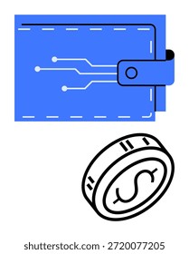 Pagos digitales, soluciones fintech, criptomonedas, transacciones en línea, innovación tecnológica, dinero electrónico. Cartera azul con conexiones de circuito y un icono de moneda. Pagos digitales y fintech