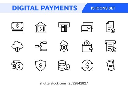 Digital Payments Icon Set. Sleek and modern icons for e-commerce, online transactions, and fintech apps, designed to enhance user interfaces and streamline payment processes.