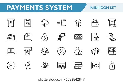 Symbolsatz für digitale Zahlungen. Schlanke und moderne Symbole für E-Commerce, Online-Transaktionen und Fintech-Apps, die Benutzeroberflächen verbessern und Zahlungsvorgänge optimieren sollen.