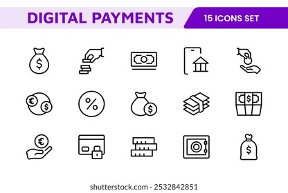 Digital Payments Icon Set. Sleek and modern icons for e-commerce, online transactions, and fintech apps, designed to enhance user interfaces and streamline payment processes.