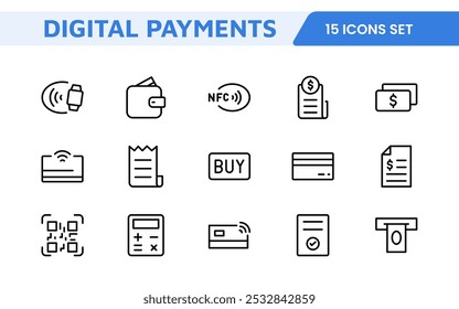 Digital Payments Icon Set. Sleek and modern icons for e-commerce, online transactions, and fintech apps, designed to enhance user interfaces and streamline payment processes.