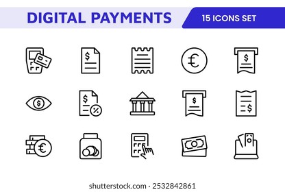 Digital Payments Icon Set. Sleek and modern icons for e-commerce, online transactions, and fintech apps, designed to enhance user interfaces and streamline payment processes.