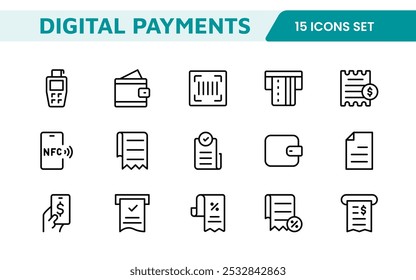 Digital Payments Icon Set. Sleek and modern icons for e-commerce, online transactions, and fintech apps, designed to enhance user interfaces and streamline payment processes.