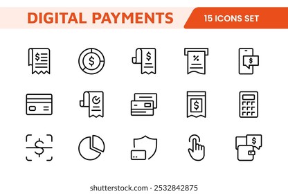 Digital Payments Icon Set. Sleek and modern icons for e-commerce, online transactions, and fintech apps, designed to enhance user interfaces and streamline payment processes.