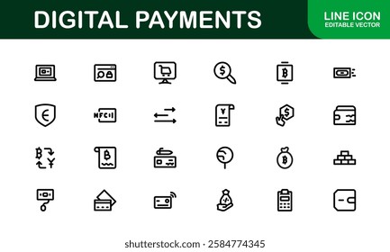 Digital Payments Icons. High-Quality Line and Outline Vector Illustrations for Mobile Wallets, Transactions, Online Payments, and Digital Finance