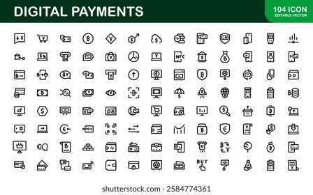 Digital Payments Icons. High-Quality Line and Outline Vector Illustrations for Mobile Wallets, Transactions, Online Payments, and Digital Finance
