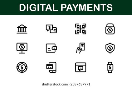 Digital Payments Icons. High-Quality Line and Outline Vector Illustrations for Mobile Wallets, Transactions, Online Payments, and Digital Finance