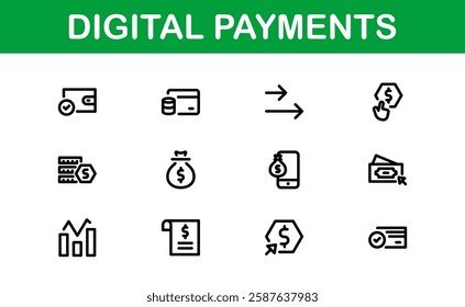 Digital Payments Icons. High-Quality Line and Outline Vector Illustrations for Mobile Wallets, Transactions, Online Payments, and Digital Finance