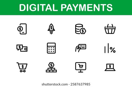 Digital Payments Icons. High-Quality Line and Outline Vector Illustrations for Mobile Wallets, Transactions, Online Payments, and Digital Finance