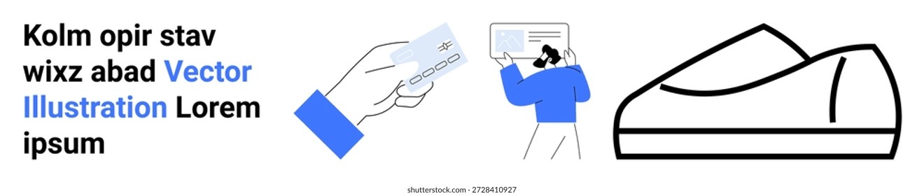 Pagamentos digitais, comunicação em linha, comércio eletrônico, calçado moderno, design contemporâneo, transações digitais. Mão com cartão de crédito, bate-papo virtual e gráfico de sapato mínimo. Pagamentos digitais