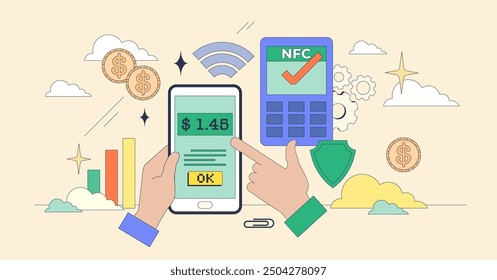 Digital payments system for money transfer tiny person neubrutalism concept. Safe online shopping using contactless method vector illustration. Ecommerce banking for smart mobile purchases management