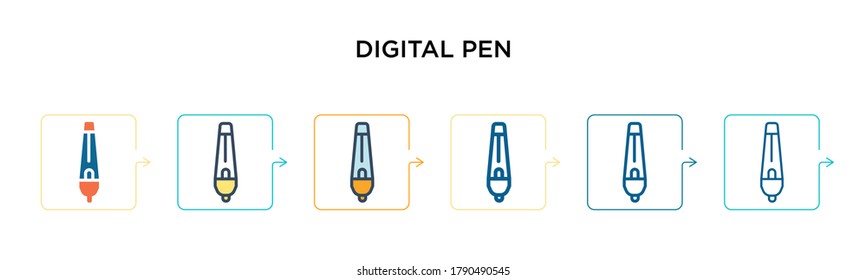 Digital pen vector icon in 6 different modern styles. Black, two colored digital pen icons designed in filled, outline, line and stroke style. Vector illustration can be used for web, mobile, ui