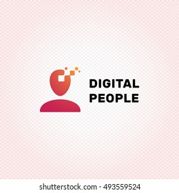 Digital People Logo Design Template. Vector Technology Human Concept Logotype Illustration. Creative Man Head Brain Symbol, Label, Sign. Graphic Media Person Concept Idea