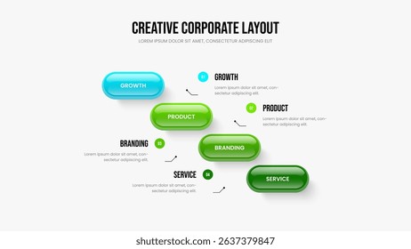 Digital Performance Four Option Infographic Slideshow Template. Enterprise Strategy 4 Step Diagram Slide Layout. Company Launch Frame Design Vector Illustration.