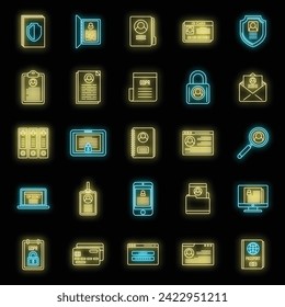 Digital personal information icons set. Outline set of digital personal information vector icons neon color on black