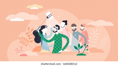 Digital personality vector illustration. Fake feelings in flat tiny persons concept. Sad and lonely people pretend to be happy and successful with artificial selfies in social media as life simulation