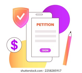 Digital petition signing on smartphone. Online counting of signatures concept. Written document signed by numerous individuals. Request to the government official or public entity vector illustration