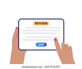 Digital petition signing on tablet. Online counting of signatures concept. Written document signed by numerous individuals. Request to the government official or public entity flat vector illustration