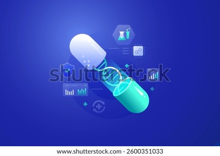 Digital Pharma Medical Technology, Digital health Drug pills capsule, MedTech, AI, machine learning, and data analytics concept illustration