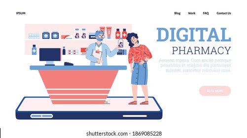 Digitale Apotheke und Online-Apotheker Konsultation Website-Banner, Cartoon Vektorgrafik. Der Apotheker berät den Patienten bei der Wahl der Medikation.