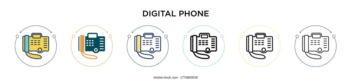 Digital phone icon in filled, thin line, outline and stroke style. Vector illustration of two colored and black digital phone vector icons designs can be used for mobile, ui, web