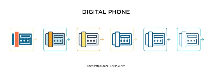 Digital phone vector icon in 6 different modern styles. Black, two colored digital phone icons designed in filled, outline, line and stroke style. Vector illustration can be used for web, mobile, ui