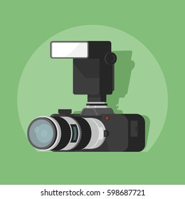 Digital photo camera with big lens and flash. 3d Flat vector illustration 